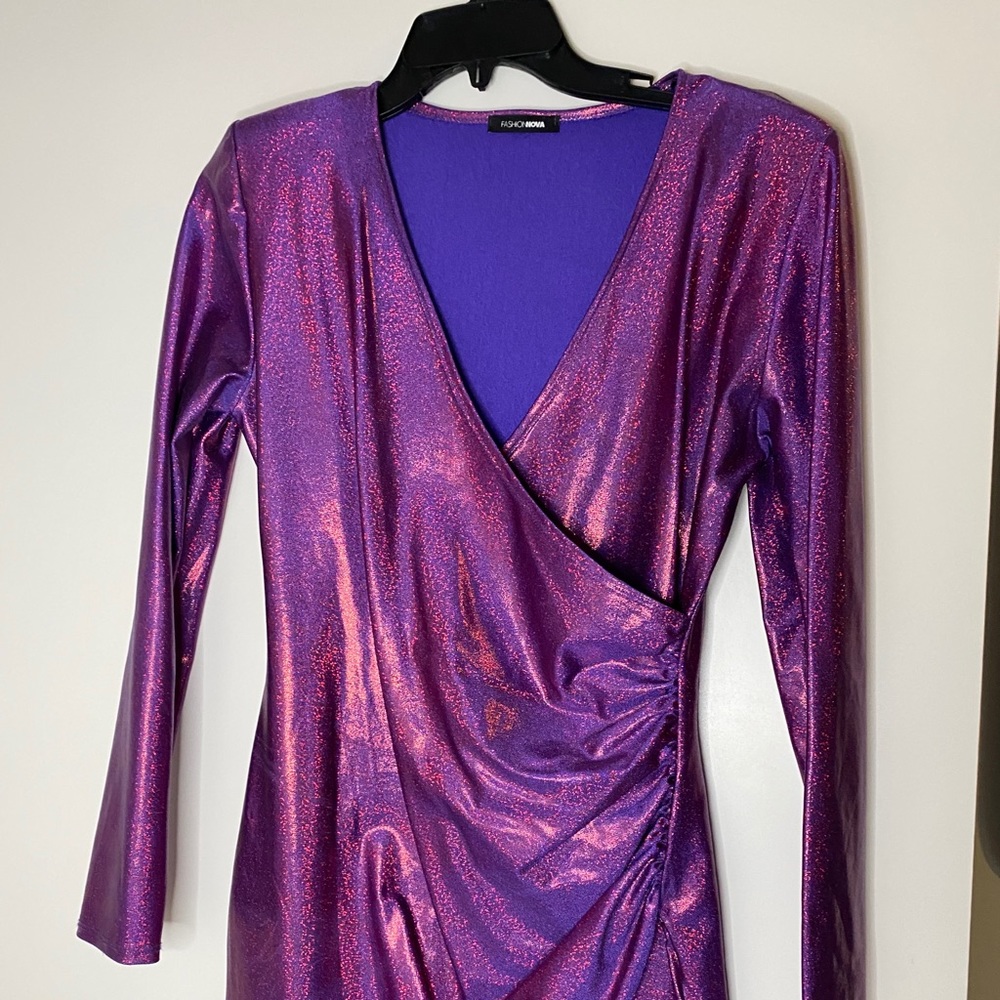 Fashion nova purple metallic long sleeve dress